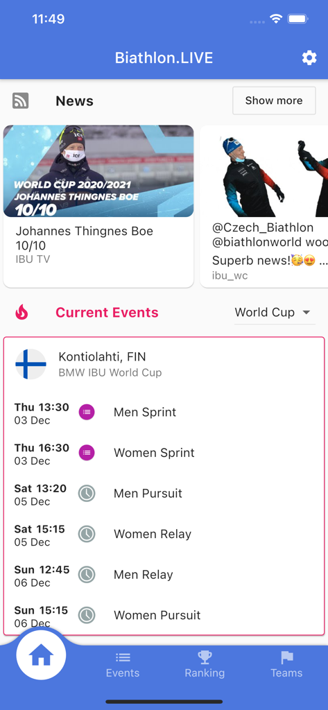 Biathlon.LIVE - Schermata principale dell'app Biathlon.LIVE che mostra le ultime notizie e il calendario delle gare della Coppa del Mondo BMW IBU.