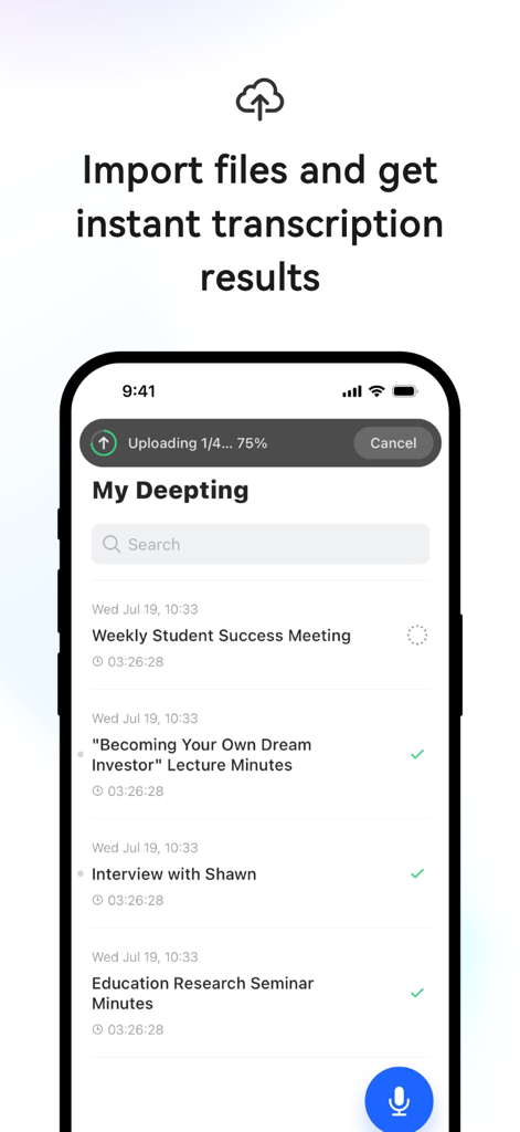 Deepting AIアプリの画面。ファイルインポートの進捗状況と、文字起こしされた会議および講義レコードのリストが表示されています。