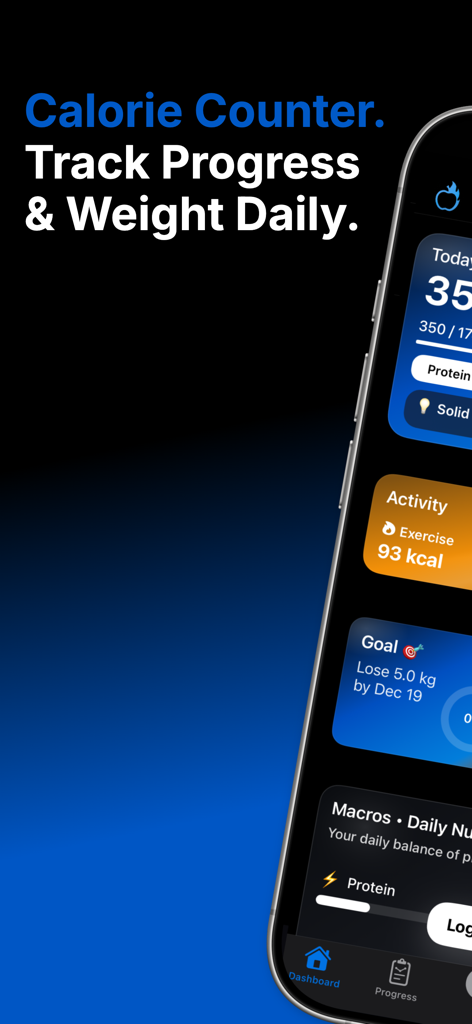CountFit AI - Calorie Counter - Panel de CountFit AI que muestra pantallas de seguimiento de progreso de conteo de calorías y peso.