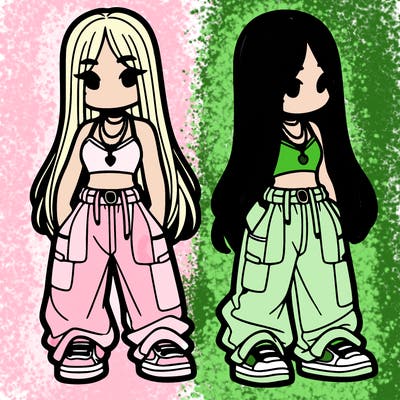 girl in baggy pants crop top and long hair