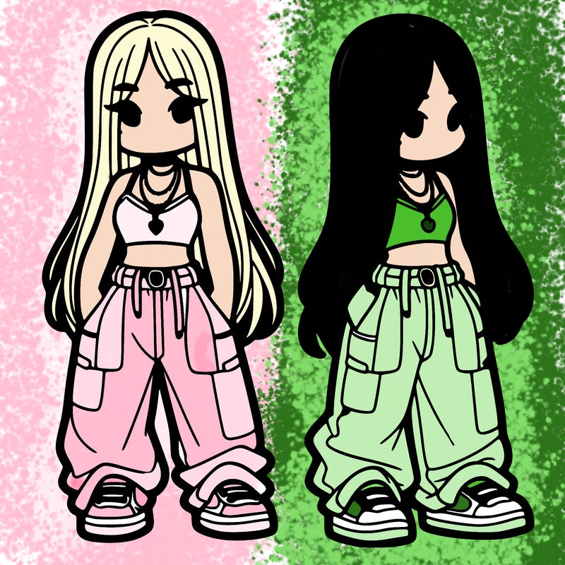 girl in baggy pants crop top and long hair