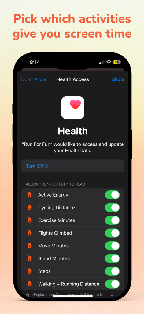 Run For Fun: Screen Time Focus - Pantalla de iPhone que muestra la configuración de Acceso a la Salud para seleccionar actividades físicas que otorgan tiempo de pantalla.