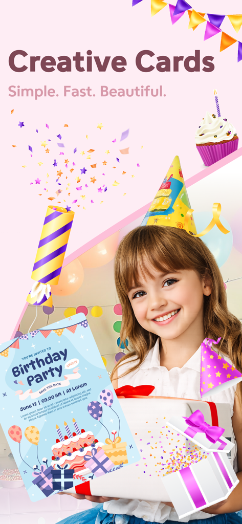 Invitation Maker Card Maker - A creative birthday party invitation card design from the Invitation Maker app featuring a smiling girl with a gift