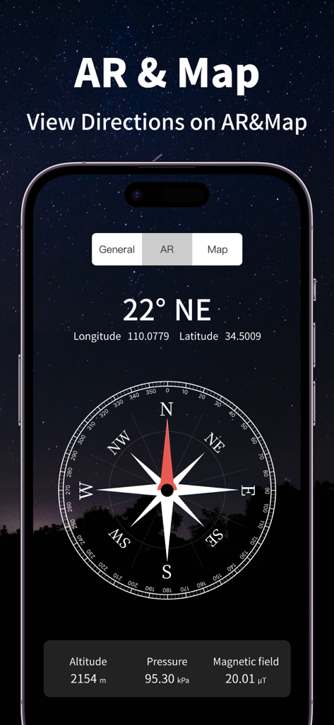 Compass-Altitude&GPS Location - Mobile app interface displaying a digital compass with real-time GPS coordinates altitude and atmospheric pressure data