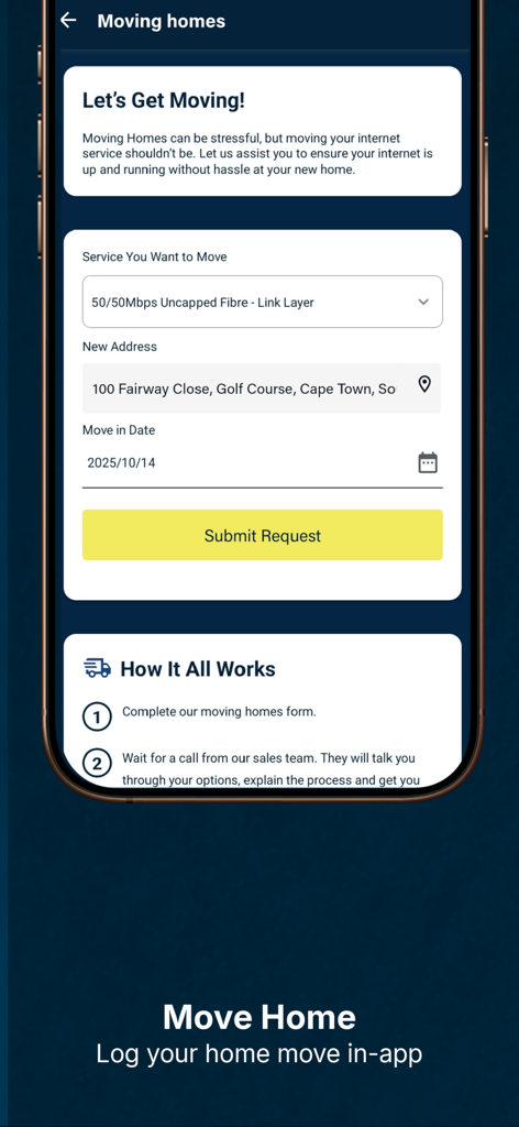 Screenshot of the Mweb app showing the Moving Homes request form for internet services