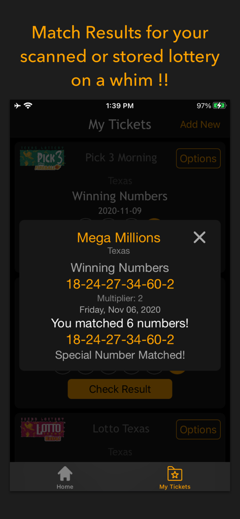 Mobile app screen showing a Mega Millions winning number match for a scanned ticket