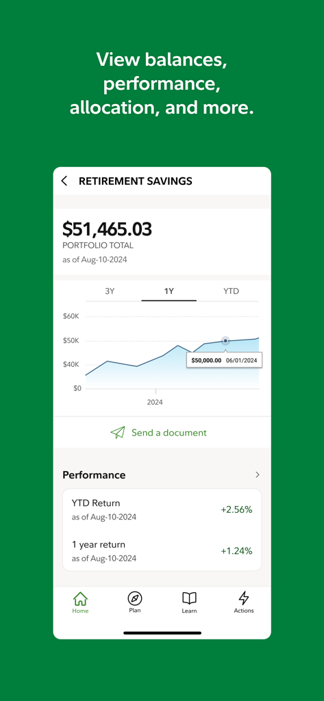 NetBenefits - Schermata del risparmio pensionistico dell'app NetBenefits che mostra un saldo del portafoglio di oltre cinquantunomila dollari con un grafico di crescita delle prestazioni
