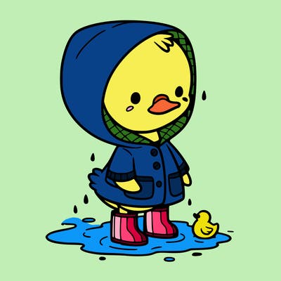 baby duck in a rain coat and boots, in a puddle while it’s raining