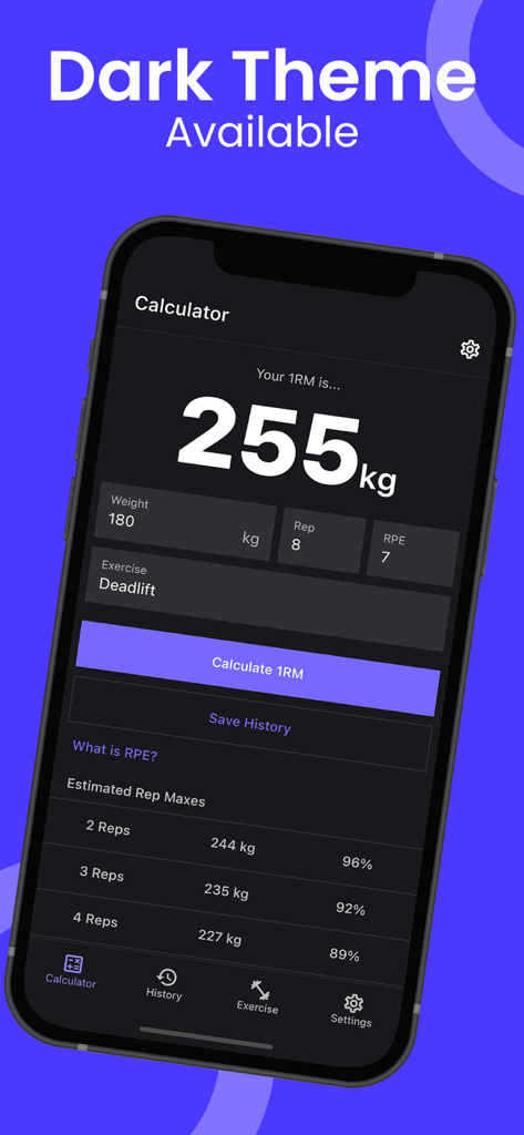1RM Calculator app interface in dark theme showing a 255kg deadlift estimation and RPE settings