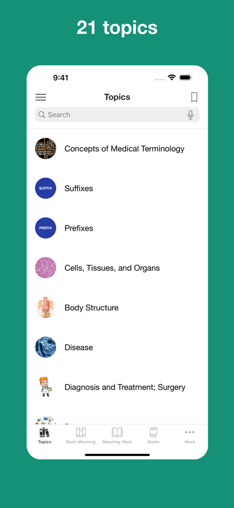 Liste der Lernthemen in der App für medizinische Terminologie – Wurzeln