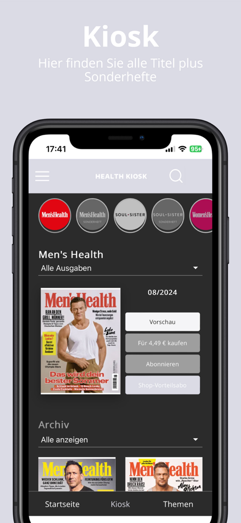 Health Kiosk - Interfaz de la aplicación Health Kiosk que muestra portadas de revistas de Men's Health y opciones de suscripción