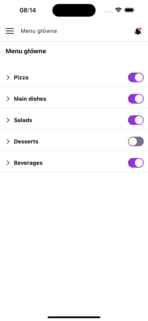 Quick Serve App - Main menu screen of the Quick Serve App showing food categories like pizza and salads with toggle switches.