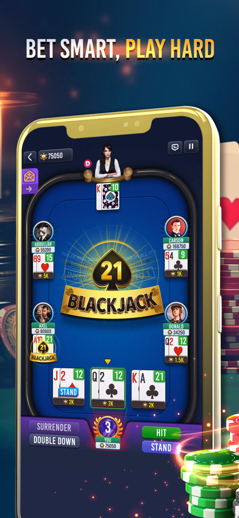 Blackjack 21 Championship - 파란색 테이블에 플레이어와 아바타가 있는 멀티플레이어 블랙잭 게임을 보여주는 휴대폰 화면
