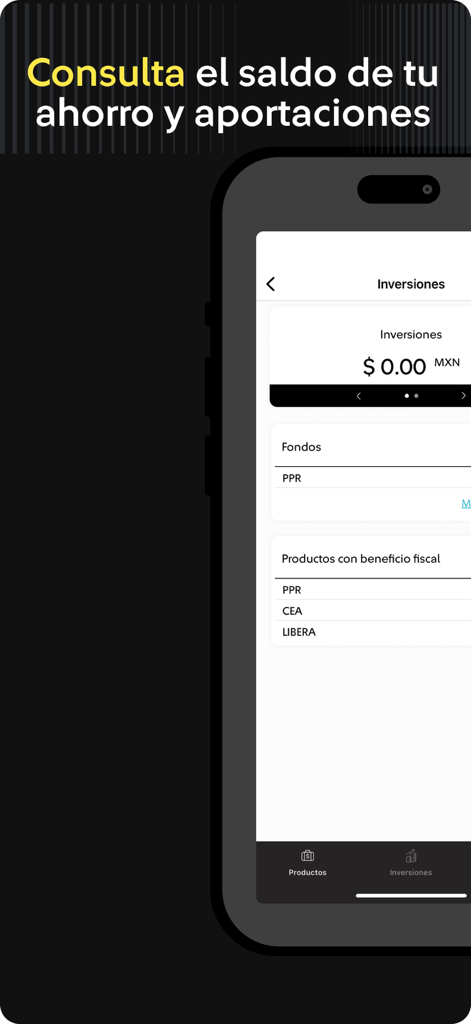 Mis Beneficios. - Interfaz de la app Mis Beneficios que muestra el saldo de inversión y las contribuciones de ahorro para empleados mexicanos