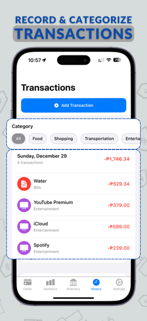 A mobile app interface displaying a list of categorized transactions including bills and entertainment subscriptions.