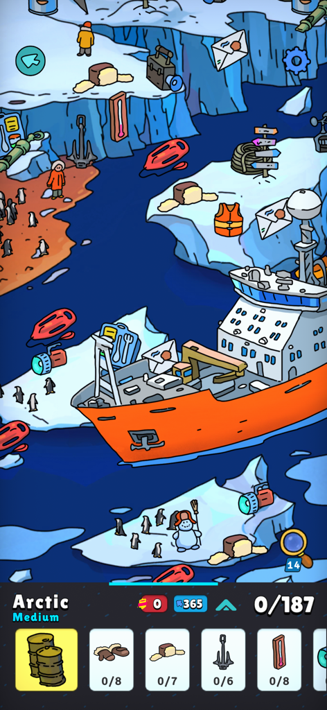 Hidden Objects - Adventure - Arctic level gameplay in Hidden Objects Adventure with an orange ship and icebergs