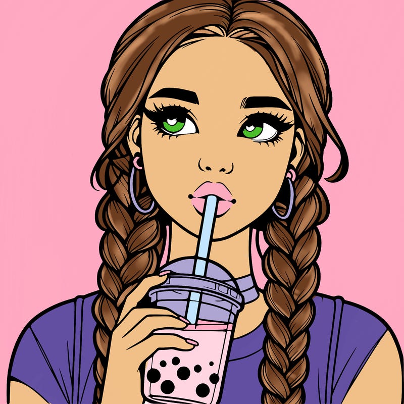 realistic girl with braided hair drinking boba