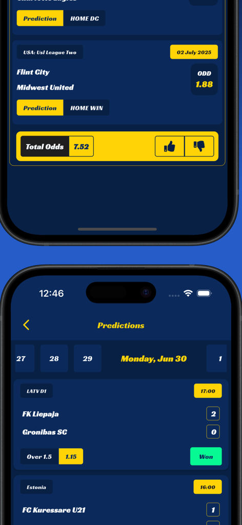 Betting Tips - Acca Prediction - Mobile app interface of Betting Tips Acca Prediction showing soccer match predictions and parlay odds
