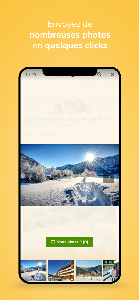 Mobile interface of OnDonneDesNouvelles showing a shared photo gallery of a school ski trip