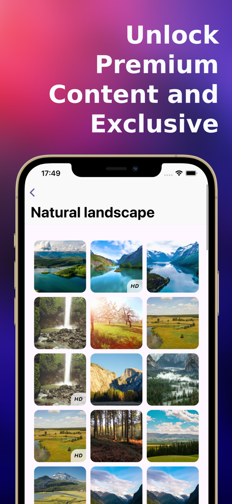 A smartphone screen displaying a collection of high-definition natural landscape wallpapers including mountains, waterfalls, and forests.
