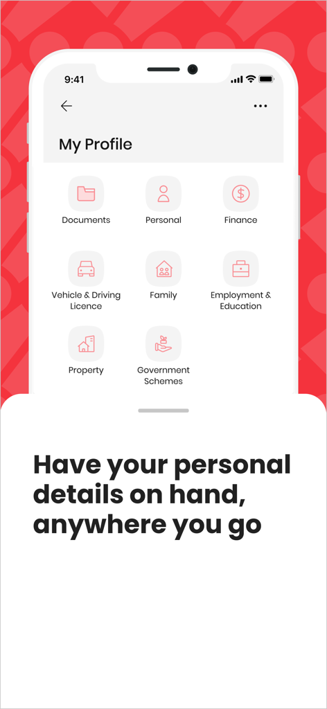 Singpass - A screenshot of the Singpass app showing the My Profile section with icons for documents, personal info, finance, and property.