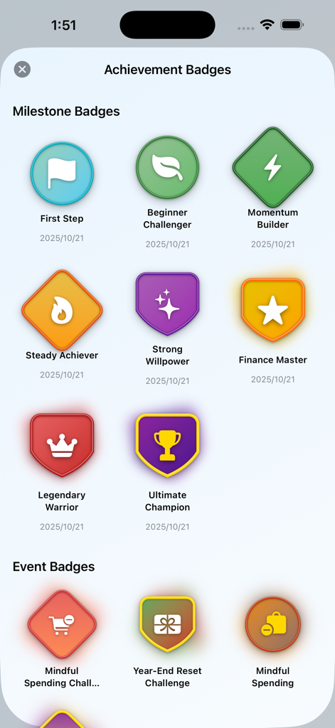 Smart Spend Challenge - Uma coleção de distintivos coloridos de marcos e eventos no aplicativo Desafio Gasto Inteligente, incluindo títulos como Mestre Financeiro e Campeão Supremo.