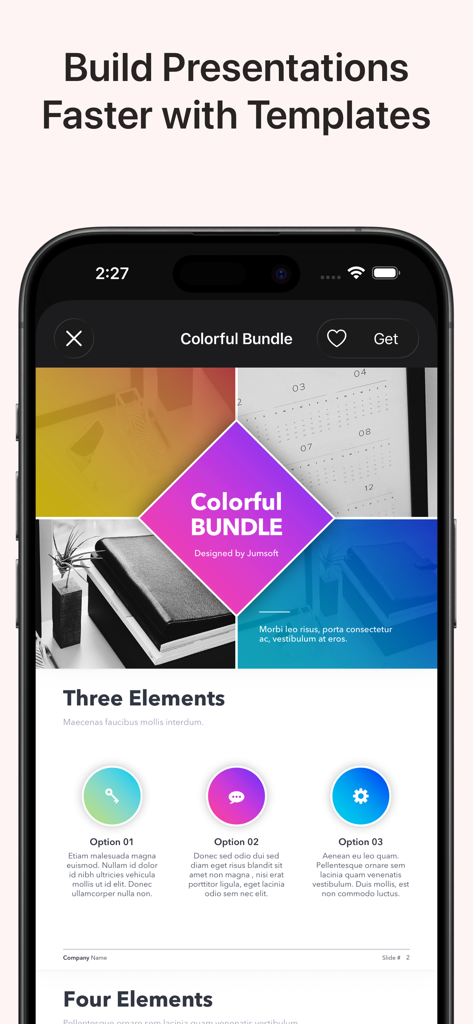 Mobile app interface displaying colorful presentation templates for Microsoft PowerPoint.