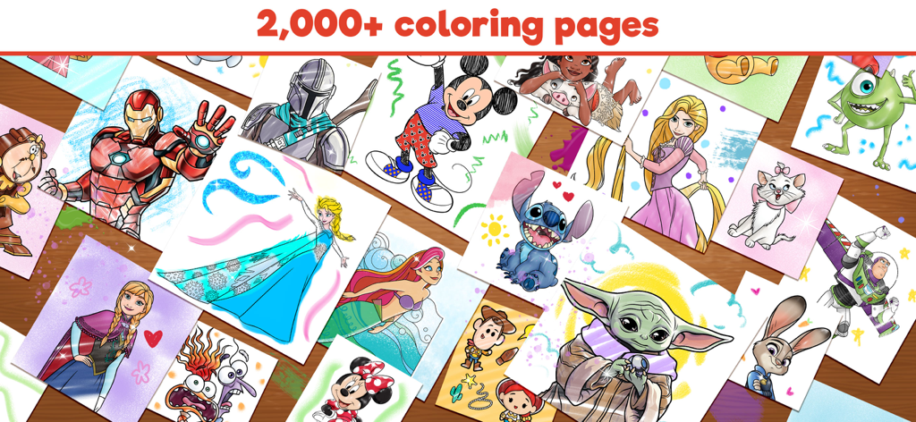 Collage of over 2000 coloring pages featuring popular Disney Marvel and Pixar characters