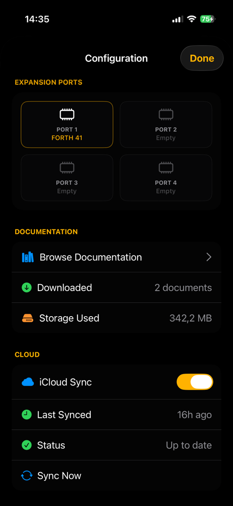 my41CX - The configuration interface of the my41CX app showing expansion port settings and cloud synchronization options