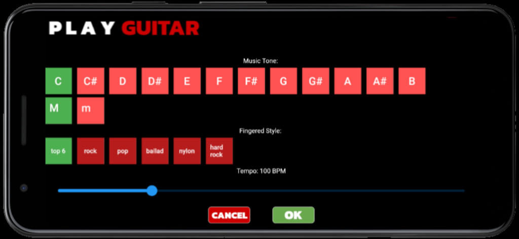 Play Guitar Acoustic Electric - Pantalla de configuración en la aplicación Play Guitar para la selección del tono de música y el estilo de interpretación.