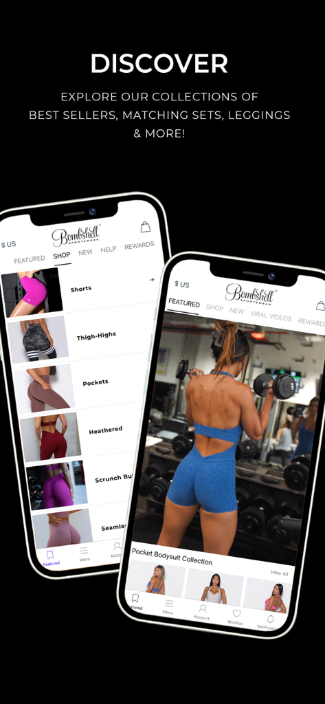 Bombshell Sportswear. - Bombshell Sportswear mobile app showcasing fitness apparel collections and gym wear on two smartphone screens