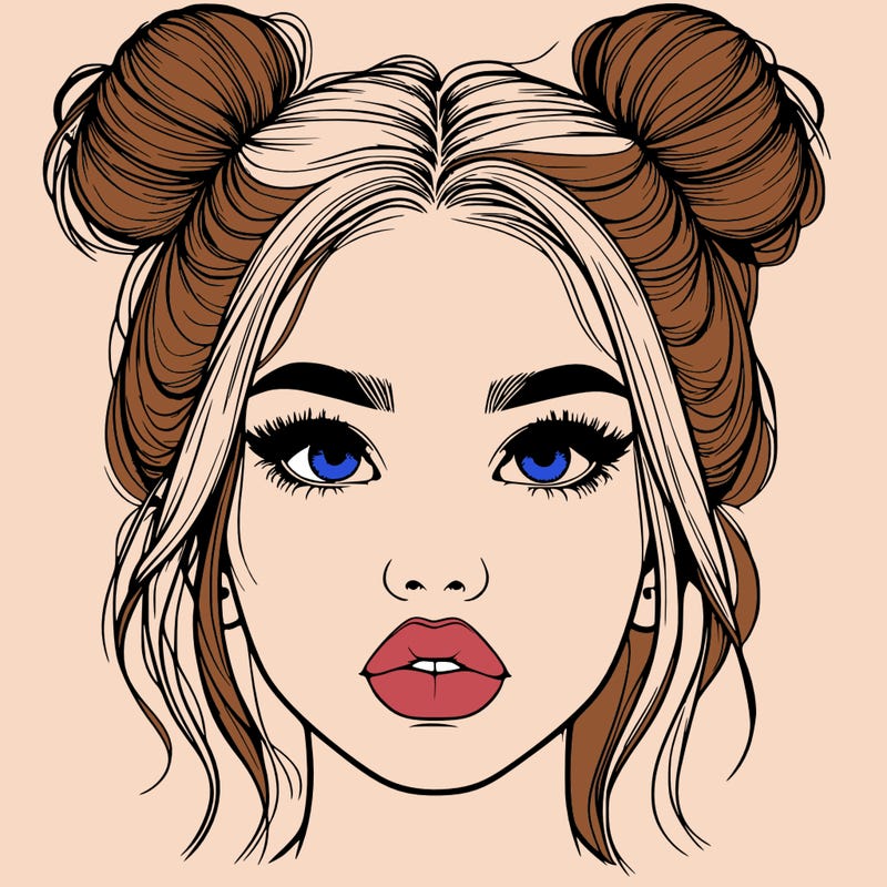 realistic girl with two buns on her hair and lips