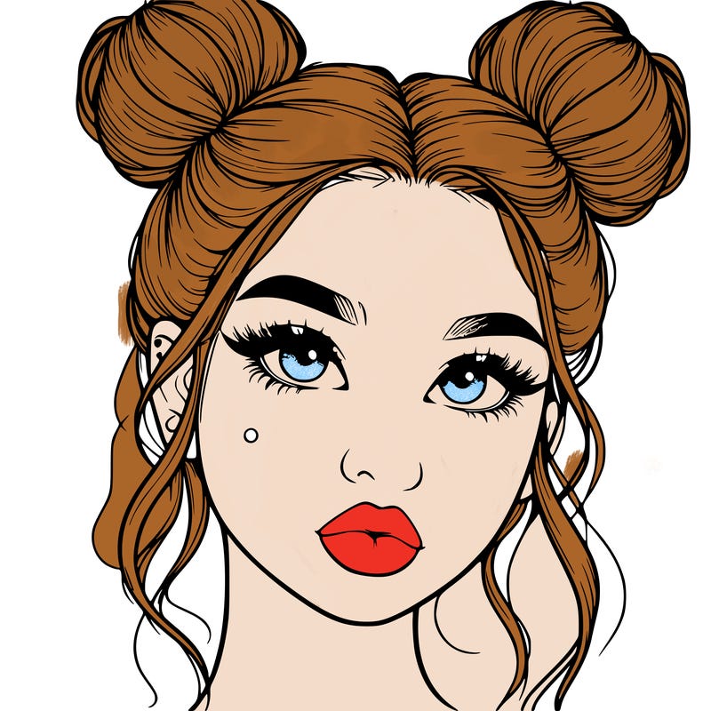 realistic girl with two buns on her hair and lips