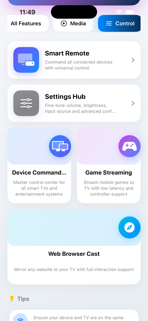 Screenshot of the Anyview Cast app control dashboard showing features like smart remote settings hub and game streaming