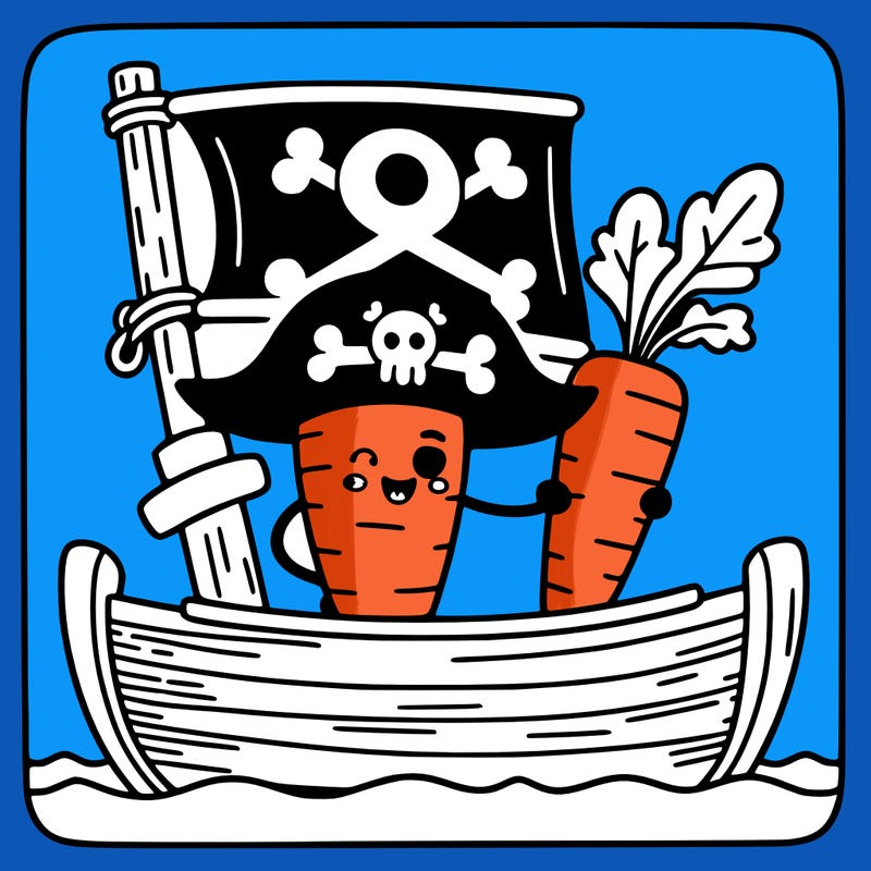 a carrot on a pirate ship, holding a treasure map