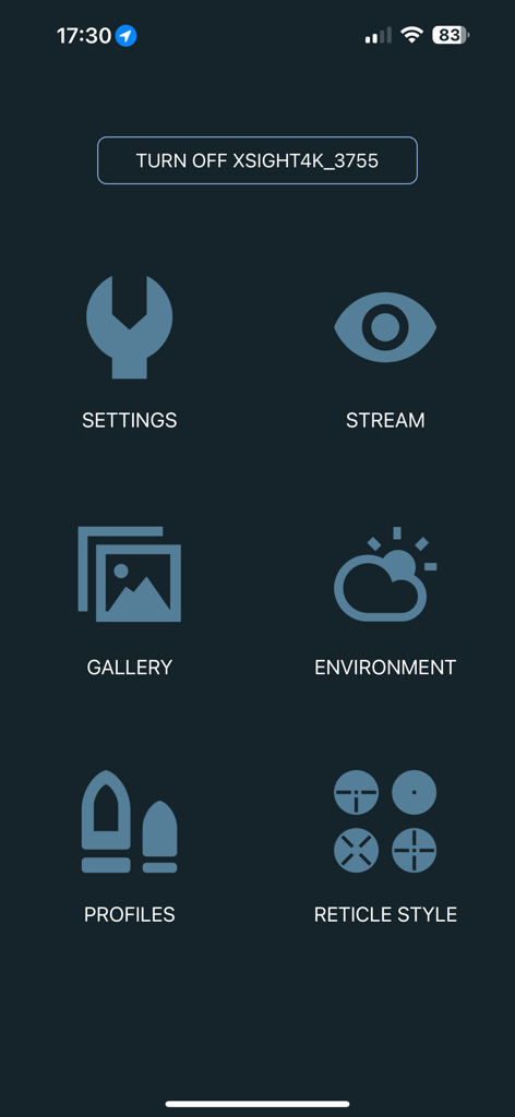 ATN Obsidian 4 - ATN Obsidian 4 app main menu with icons for settings stream and gallery