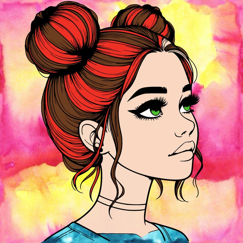 realistic girl with buns on the top of her head