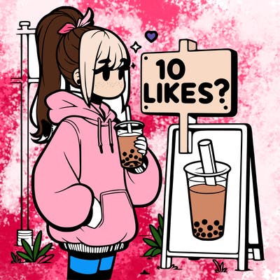 girl with oversized hoodie drinking boba and she has a high ponytail with a sign that says 10likes?