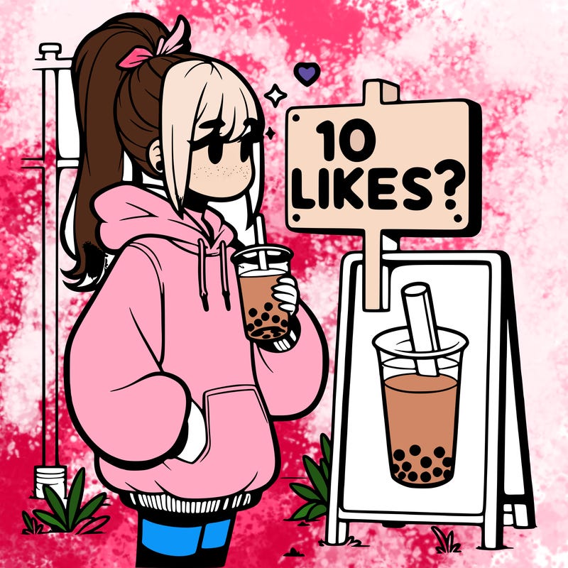 girl with oversized hoodie drinking boba and she has a high ponytail with a sign that says 10likes?