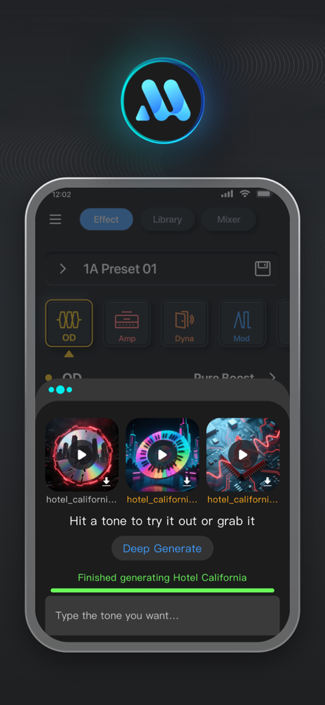 MOOER iAMP - MOOER iAMP app interface showing the AI tone generation feature for guitar presets