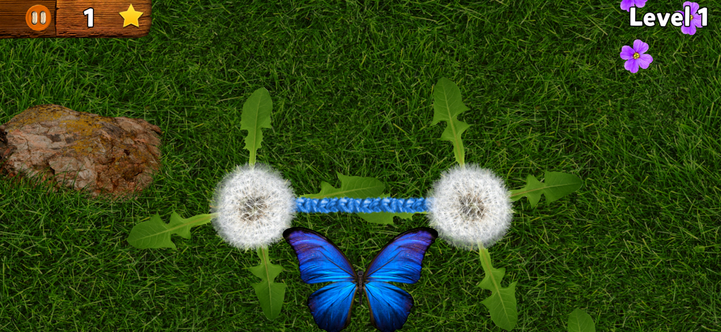 A blue butterfly flying near dandelions in a grassy field during a level of the Bugs and Buttons educational app.