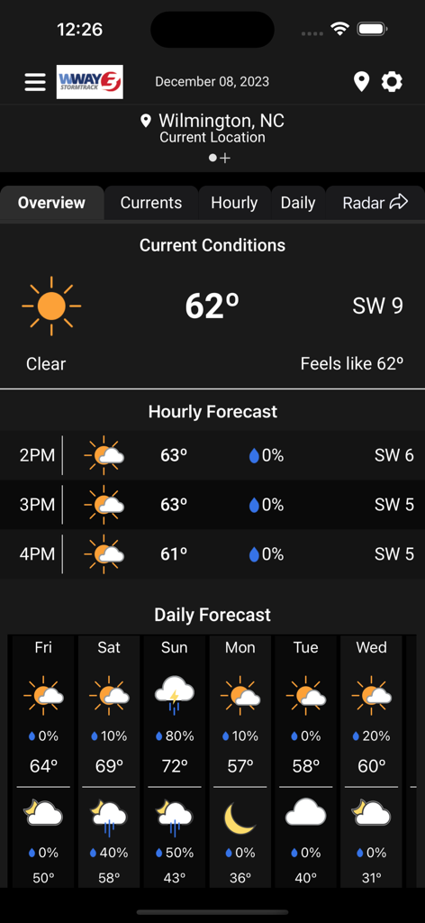 Panoramica dell'app WWAY StormTrack 3 che mostra le condizioni attuali e le previsioni giornaliere per Wilmington NC