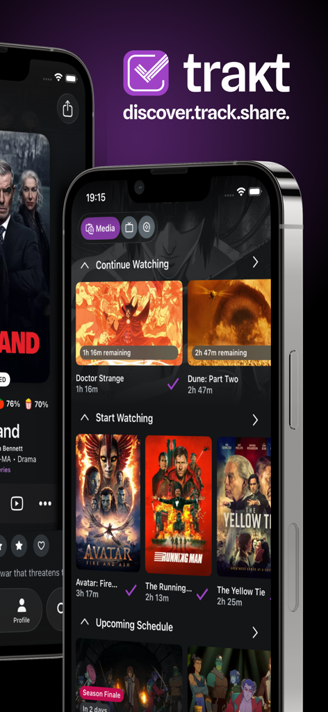 trakt.TV Shows & Movies - Interfaccia dell'app mobile Trakt che mostra le funzionalità di tracciamento dei progressi di film e serie TV