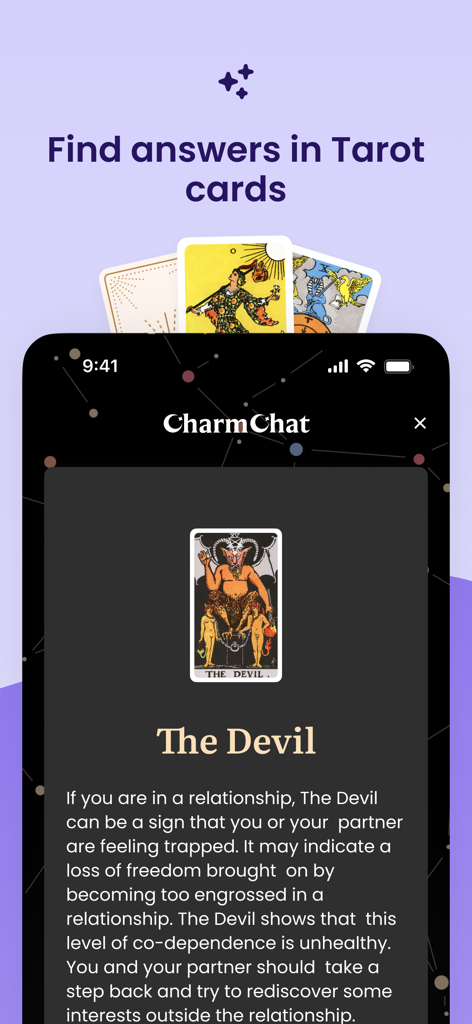 CharmChat app interface showing a tarot card reading for relationship insights featuring The Devil card