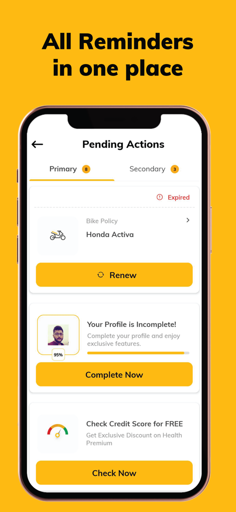 Digit Insurance mobile app showing the pending actions screen with reminders for policy renewal and profile completion