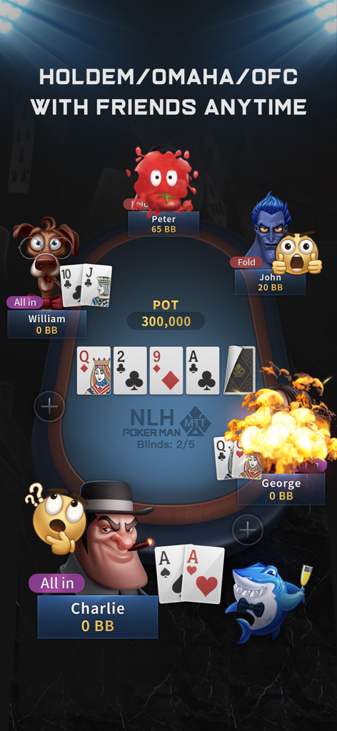 Un colorato tavolo da poker online in PokerMan che mostra giocatori con avatar cartoon che giocano a Texas Holdem.