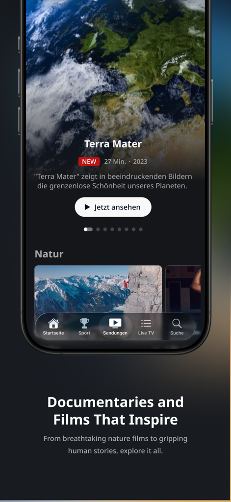 ServusTV On - ServusTV On app interface featuring nature documentaries and films