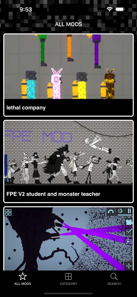 Captura de tela do aplicativo Melon Mods exibindo uma biblioteca de mods disponíveis, incluindo pacotes Lethal Company e FPE student and teacher.