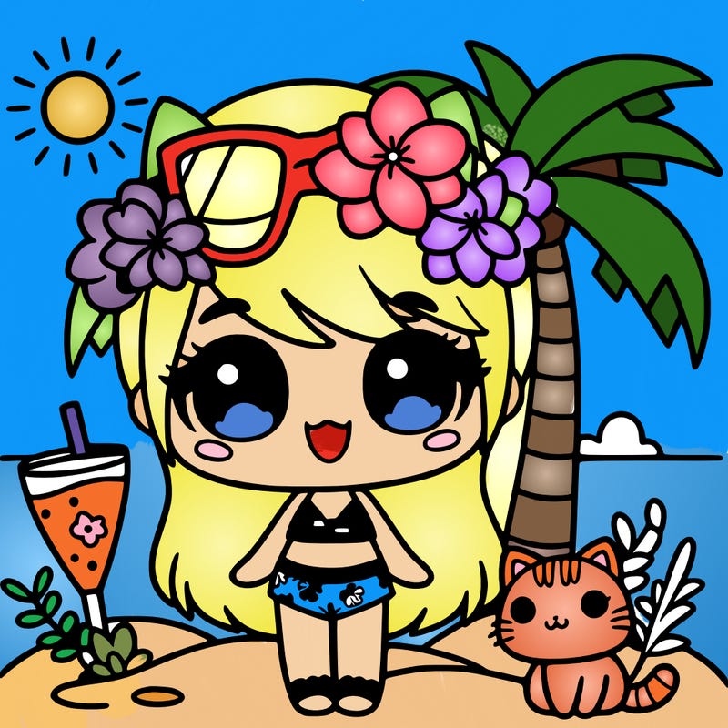 kawaii tropical girl with cat