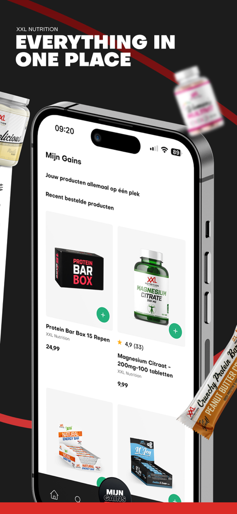 A smartphone screen showing the XXL Nutrition app with various supplements and protein bars listed under the Mijn Gains section.